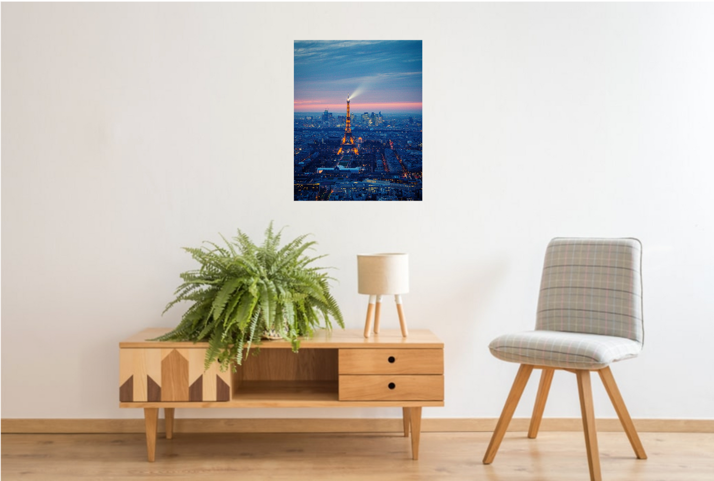 Atardecer sobre la Torre Eiffel, disponible en tamaño 50 x 70 cm.