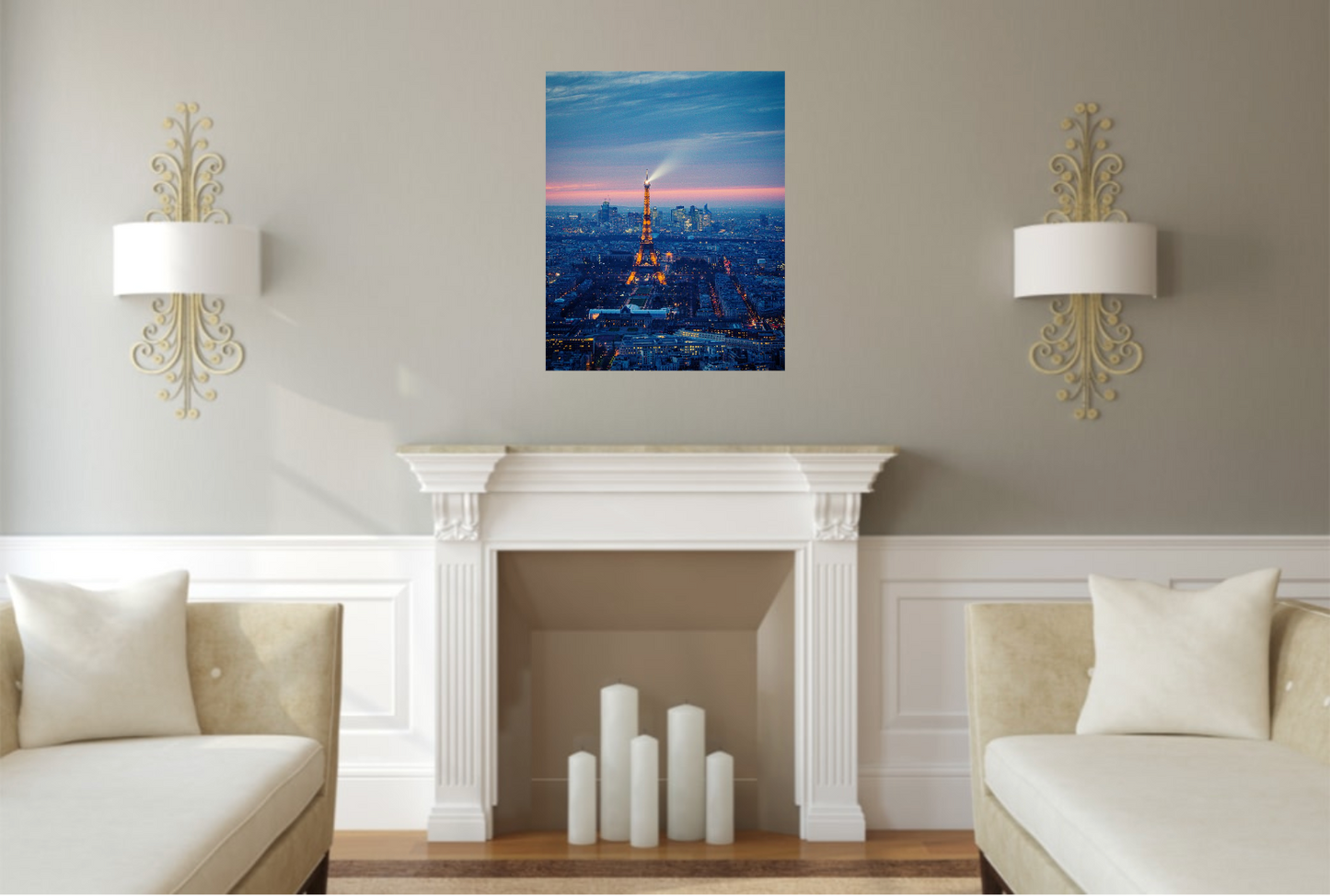Atardecer sobre la Torre Eiffel, disponible en tamaño 50 x 70 cm.